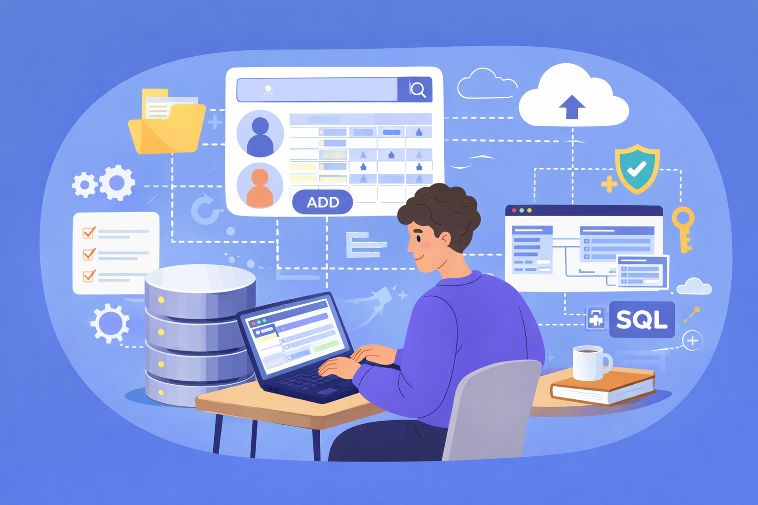 Person working from home at a desk with a laptop, on a video call, with a dog nearby and clothes hanging in the background. Messages and icons float around, showing online communication.